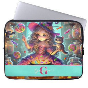 Custom Name Cute Whimsical Witch Halloween Treats Laptop Sleeve