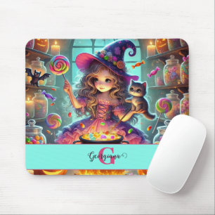Custom Name Cute Whimsical Witch Halloween Treats Mouse Pad