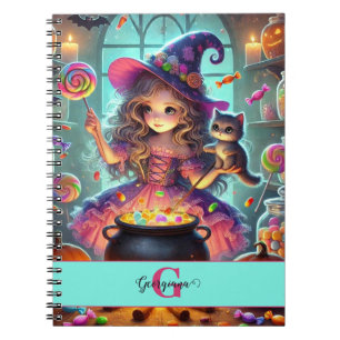 Custom Name Cute Whimsical Witch Halloween Treats Notebook