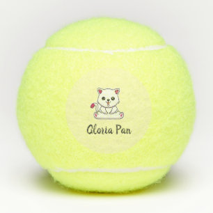 Custom name cute white cat on yellow tennis balls