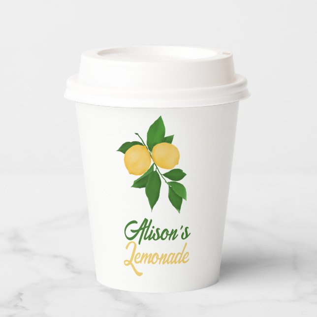 Custom Name Cute Yellow Green Summer Lemonade Paper Cups (Front)