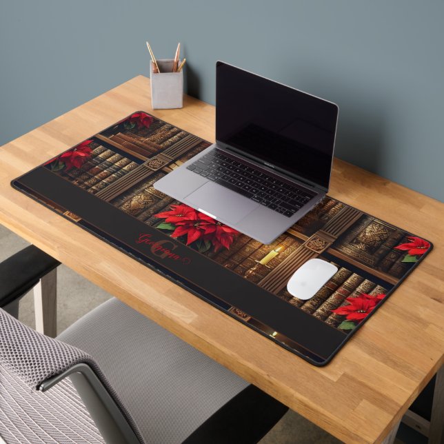 Custom Name Dark Academia Poinsettia Bookshelf Desk Mat (Office 2)