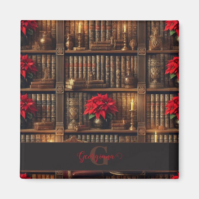 Custom Name Dark Academia Poinsettia Bookshelf Magnet (Front)