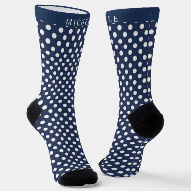 Custom Name Dark Navy Blue White  Polka Dot Socks (Angled)