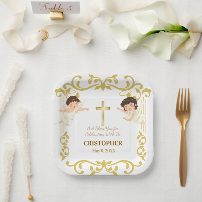 Custom Name & Date Angel Christening Keepsake Paper Plate (Wedding)