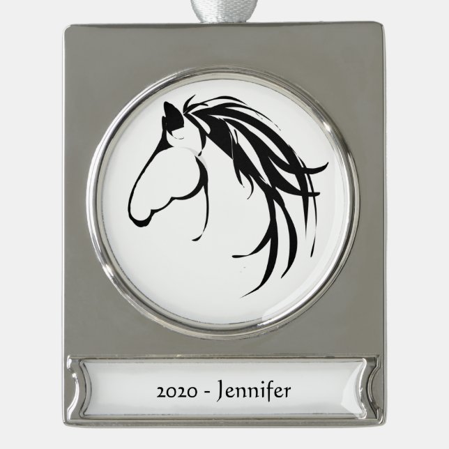 Custom Name date Classic Horse Head Logo Black Silver Plated Banner Ornament (Front)