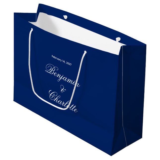 Custom Name Date Navy Wedding Theme Large Gift Bag (Front Angled)