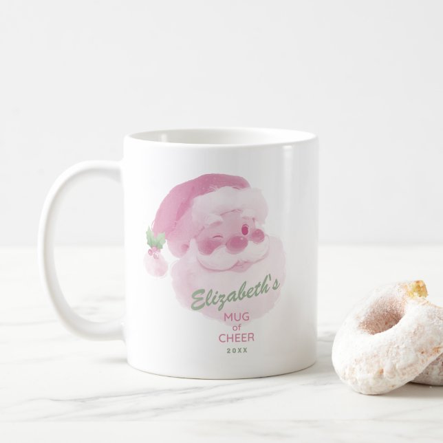 Custom Name Date Pink & Green Holiday Cheer Coffee Mug (With Donut)
