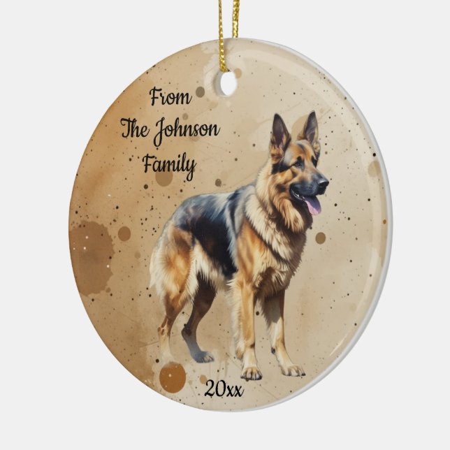 Custom Name, Dated Christmas  German Shepherd Ceramic Tree Decoration (Left)