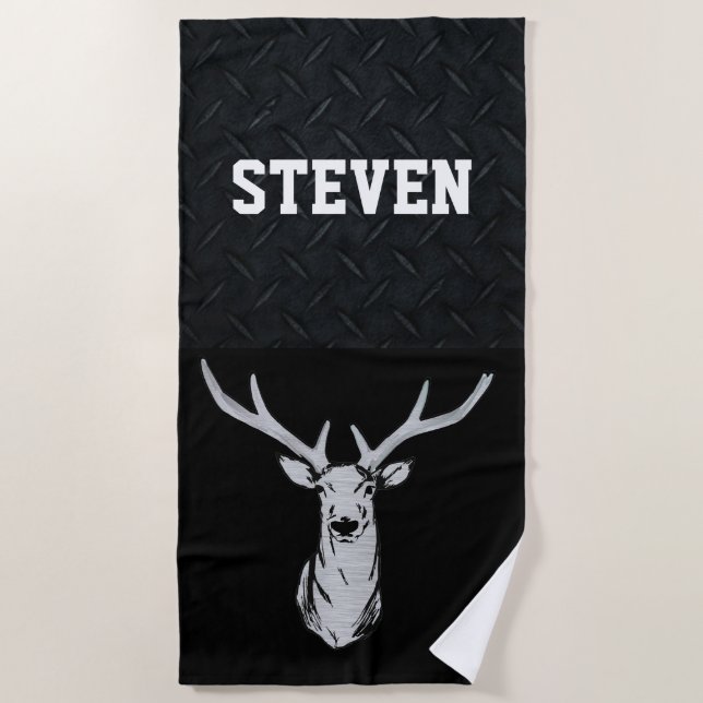 Custom Name Deer Hunting Men's Antlers Beach Towel (Front)