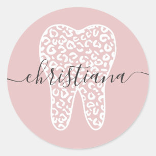 Custom Name Dental Leopard Print Tooth Classic Round Sticker