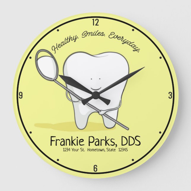 Custom NAME Dentist Office Tooth Healthy Smile Large Clock (Front)