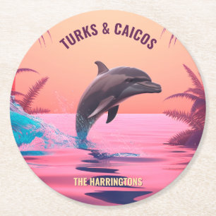 Custom Name & Destination Dolphin Round Paper Coaster