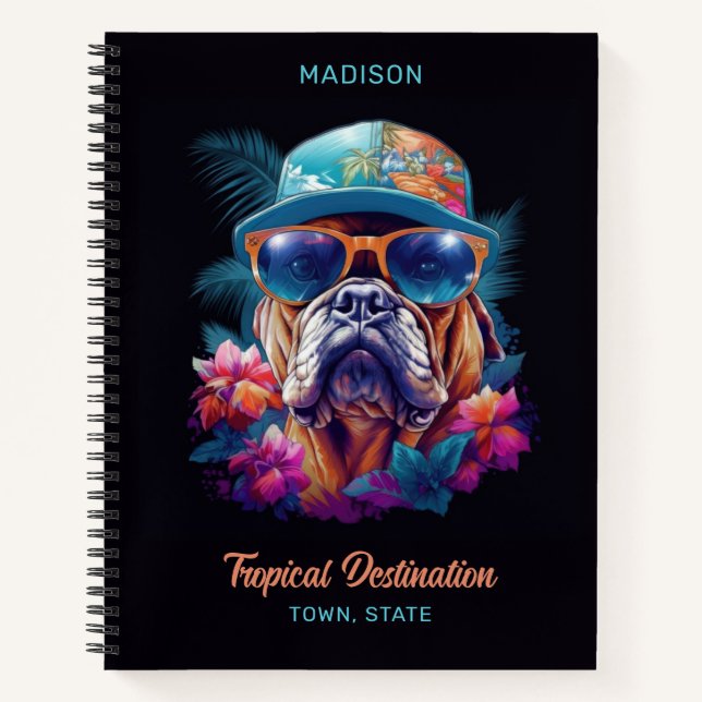 Custom Name & Destination Tropical Vacation Dog Notebook (Front)