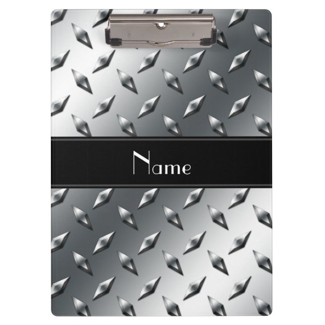 Custom name diamond plate steel black stripe clipboard (Front)