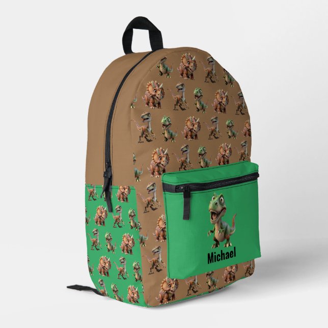 Custom Name Dinosaur Boy's Green & Brown Backpack (Back Corner Left)