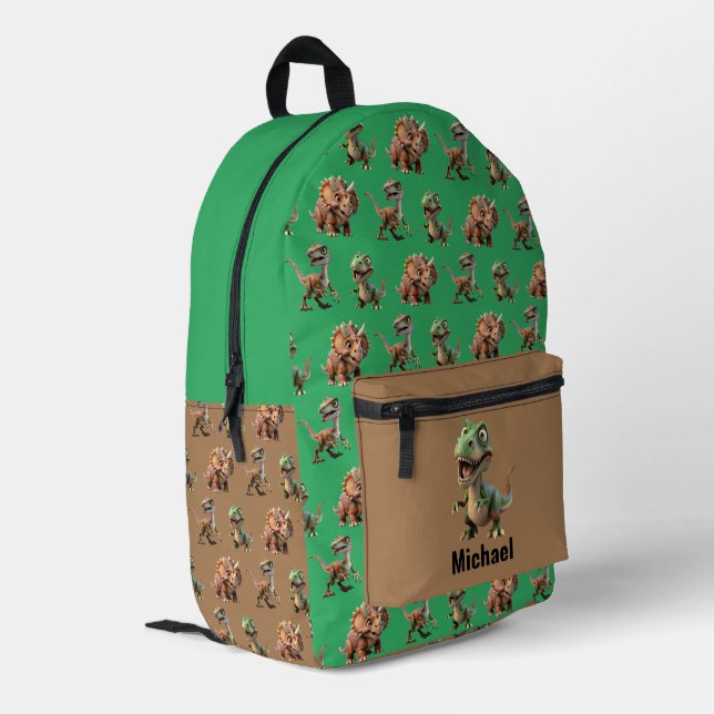 Custom Name Dinosaur Boy's Green & Brown Backpack (Back Corner Left)