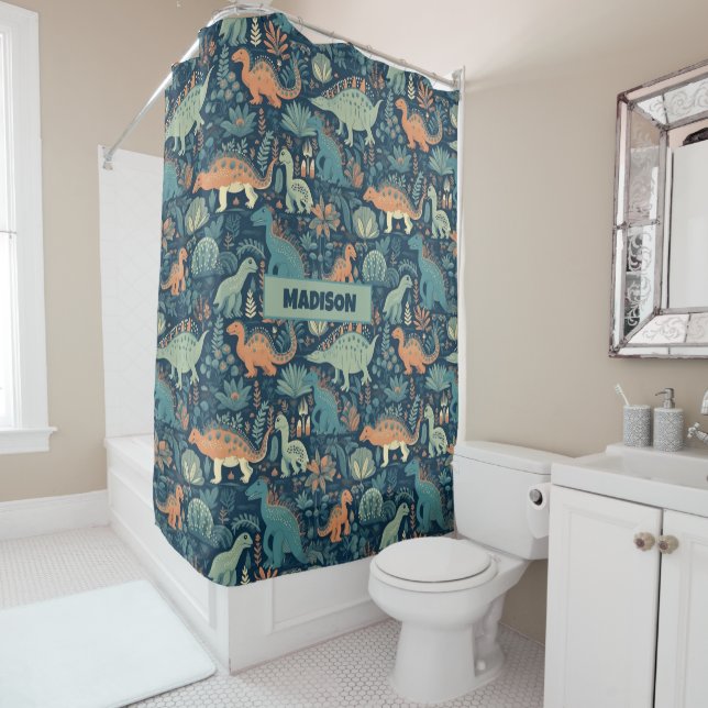 Custom Name Dinosaur Pattern Shower Curtain (In Situ)