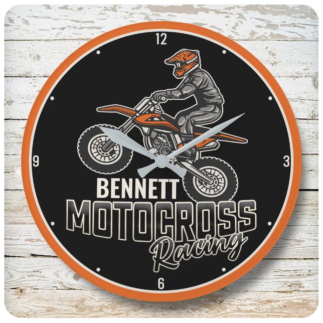 Custom NAME Dirt Bike Rider Motocross Racing Large Clock (Creator Uploaded)