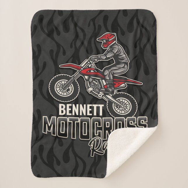 Custom NAME Dirt Bike Rider Motocross Racing Sherpa Blanket (Front)