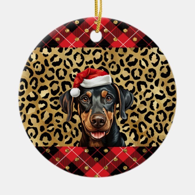 Custom Name Doberman Pinscher dog Santa hat  Ceramic Tree Decoration (Front)