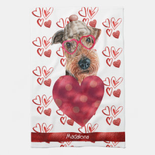Custom Name Dog Lover Valentine Gift Airedale Tea Towel