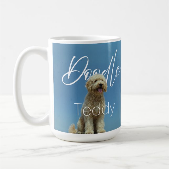 Custom Name Doodle Dog Blue Sky Photo Coffee Mug (Left)