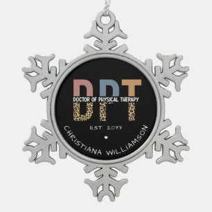 Custom Name DPT Doctor of Physical Therapy Cheetah Snowflake Pewter Christmas Ornament