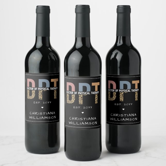 Custom Name DPT Doctor of Physical Therapy Cheetah Wine Label (Bottles)