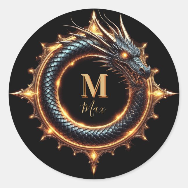 🐉 Custom Name Dragon Fantasy Symbol For Gamers 🔥 Classic Round Sticker (Front)