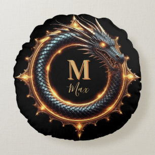 🐉 Custom Name Dragon Fantasy Symbol For Gamers 🔥 Round Cushion