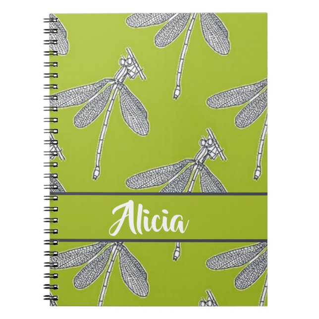 Custom name dragonfly on green notebook (Front)
