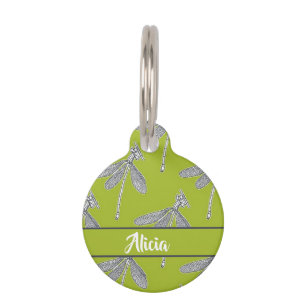 Custom name dragonfly on green pet tag