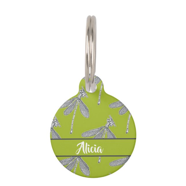 Custom name dragonfly on green pet tag (Front)