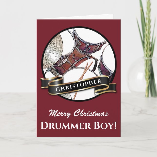 Custom Name Drummer Boy Christmas Drum Holiday Card (Front)
