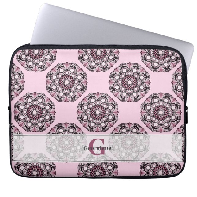 Custom Name Dusky Rose Cherry Blossom Dot Mandala Laptop Sleeve (Front)