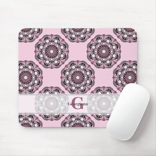 Custom Name Dusky Rose Cherry Blossom Dot Mandala Mouse Pad (With Mouse)