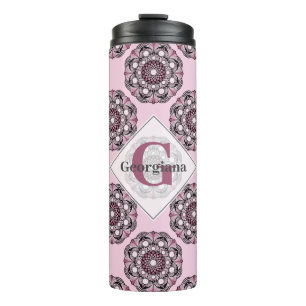 Custom Name Dusky Rose Cherry Blossom Dot Mandala Thermal Tumbler
