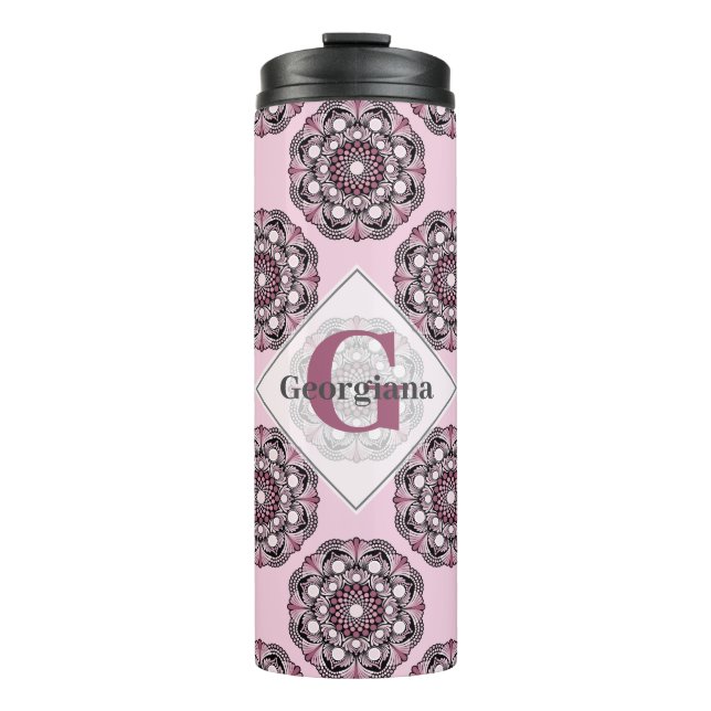 Custom Name Dusky Rose Cherry Blossom Dot Mandala Thermal Tumbler (Front)
