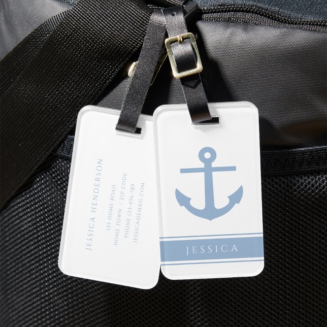 Custom Name Dusty Blue Nautical  Luggage Tag (Modern Blue Nautical Anchor Custom Name Luggage Tag)