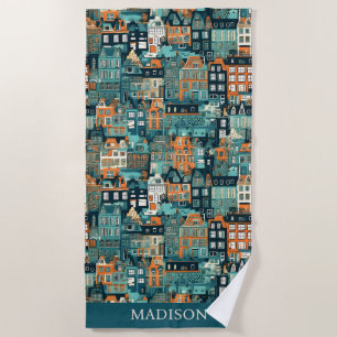 Custom Name Dutch Houses Pattern Beach Towel