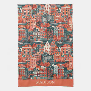 Custom Name Dutch Houses Pattern Tea Towel