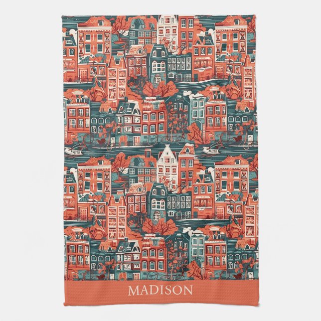 Custom Name Dutch Houses Pattern Tea Towel (Vertical)