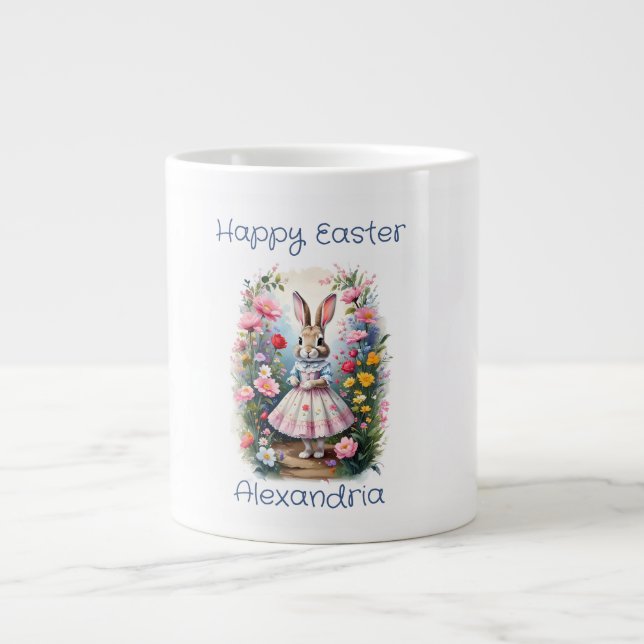 Custom Name Easter rabbit flowers Happy Easter Large Coffee Mug (Front)