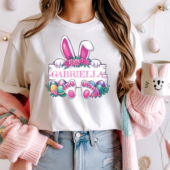 Custom Name Easter Tee; Cute Bunny & Eggs  T-Shirt (Creator Uploaded)