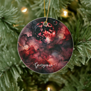 Custom Name Eerie Blood Moon Halloween Alcohol Ink Ceramic Tree Decoration