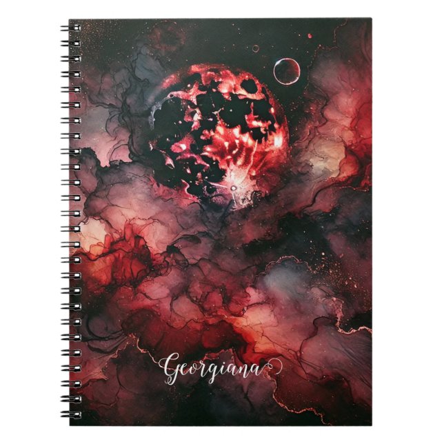 Custom Name Eerie Blood Moon Halloween Alcohol Ink Notebook (Front)