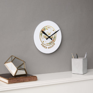 Custom Name Eid Mubarak Floral Gold Moon Wall Round Clock