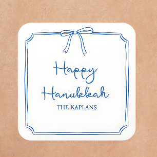 Custom Name Elegant Blue Bow Hanukkah GIft Square Sticker