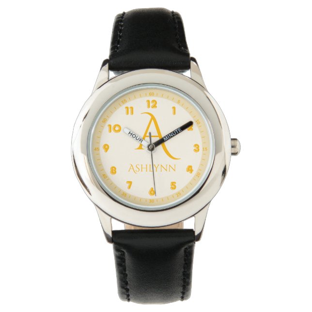 Custom Name Elegant Butter Yellow Kids Monogram Watch (Front)